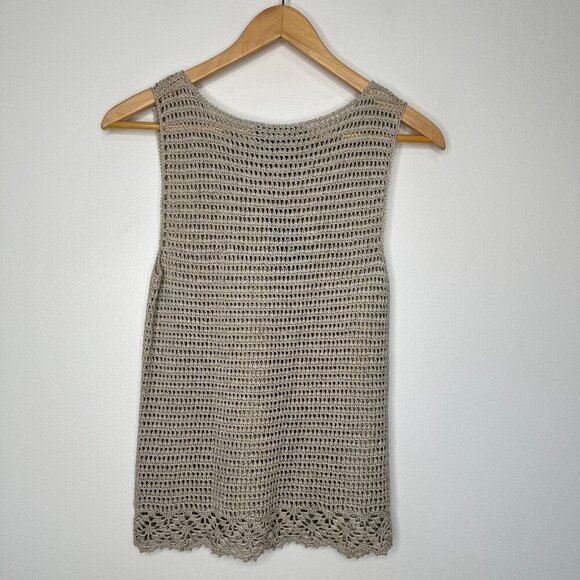 Linda Allard Ellen Tracy Open Knit Top Womens Sz S Crochet Tan Sleeveless Khaki - Picture 4 of 11